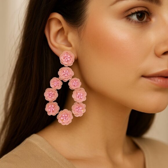 Sophia & Kate Earrings Pink Floral Statement Sequin Faux Seed Pearls Studs NWT - Picture 1 of 4